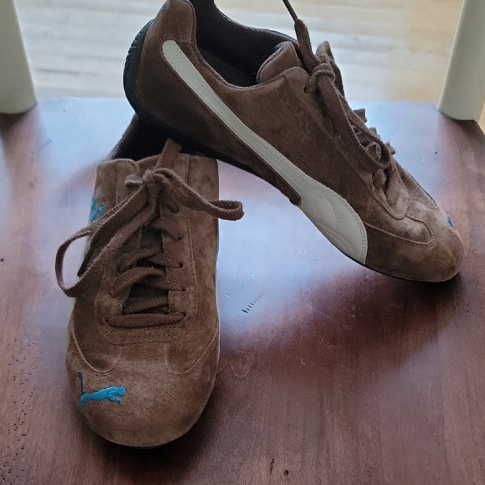 Puma Brown Suede Sneakers with White Formstrip and Teal Accent